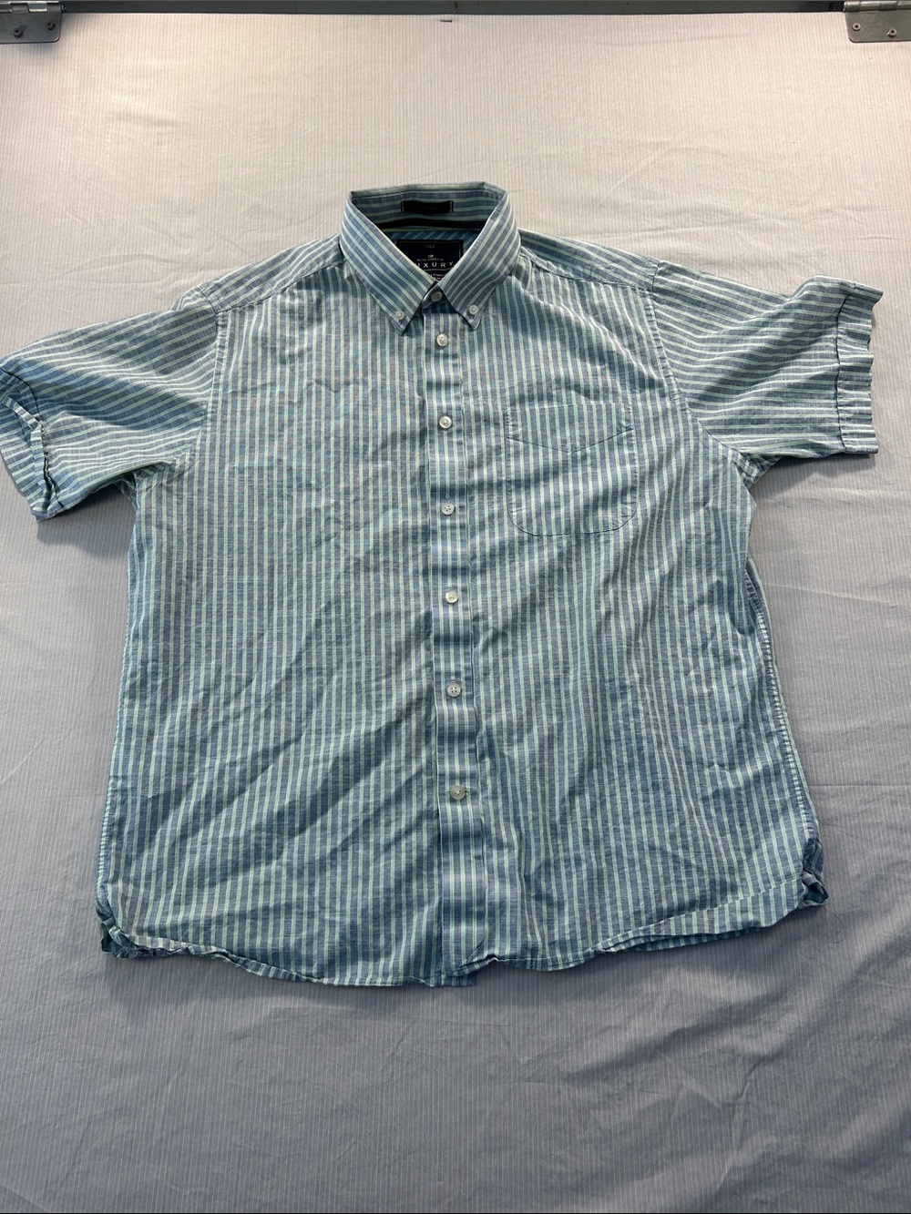 Marks & Spencer Men's Short-Sleeve Button Down Stripe Shirt Light Blue and Green